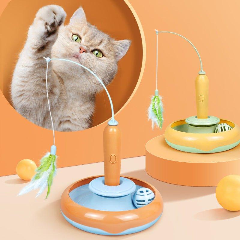 WhirlPounce™ 2-in-1 Turntable Cat Toy – Interactive Self-Play Toy with Feather Wand